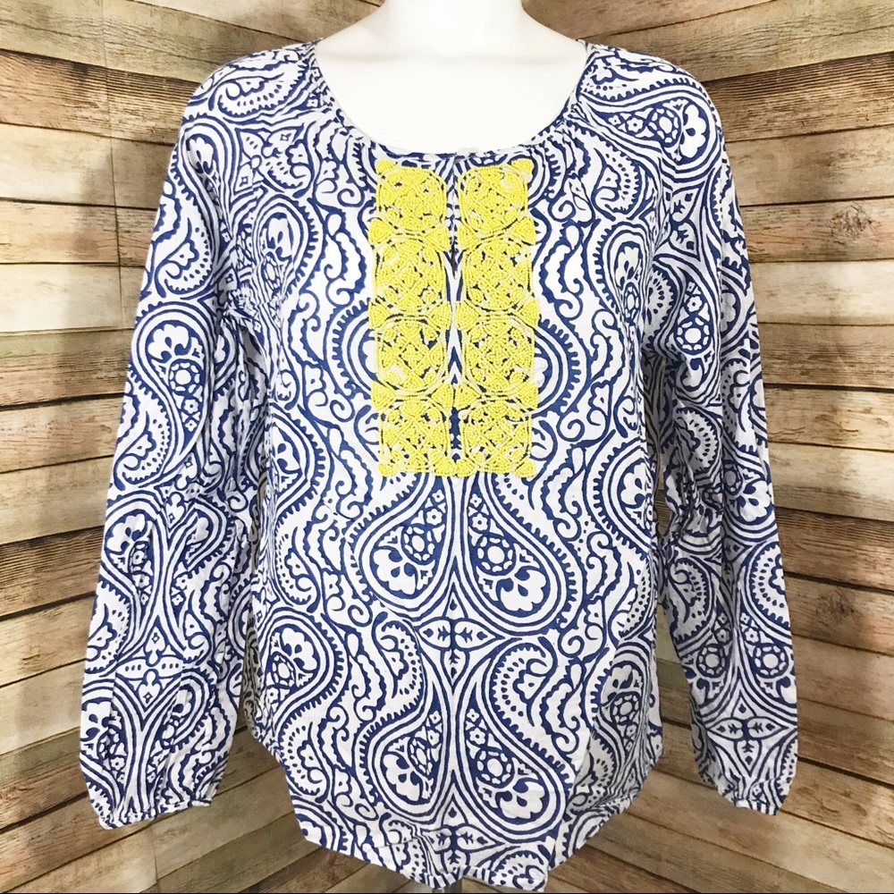Talbots blue white yellow beaded blouse